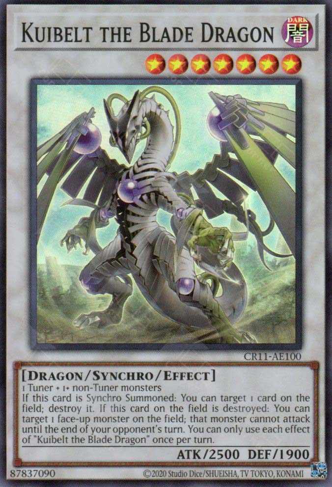 This is an image for the product Kuibelt the Blade Dragon that has a rarity of Super Rare in the Creation Pack 11 with a card code of CR11-AE100 that is available on the TEKKX Product website.