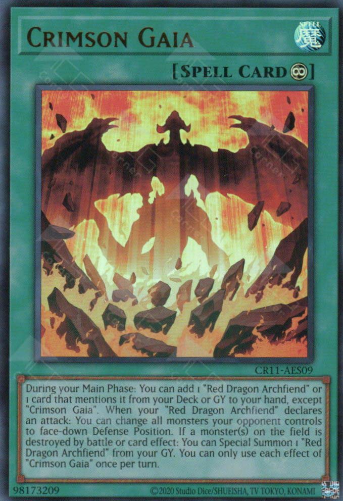 This is an image for the product Crimson Gaia that has a rarity of Ultra Rare in the Creation Pack 11 +1 Bonus Pack with a card code of CR11-AES09 that is available on the TEKKX Product website.