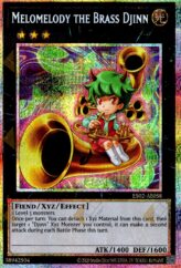 This is an image for the product Melomelody the Brass Djinn that has a rarity of Prismatic Secret Rare in the Essential Selection 02 with a card code of ES02-AE058 that is available on the TEKKX Product website.
