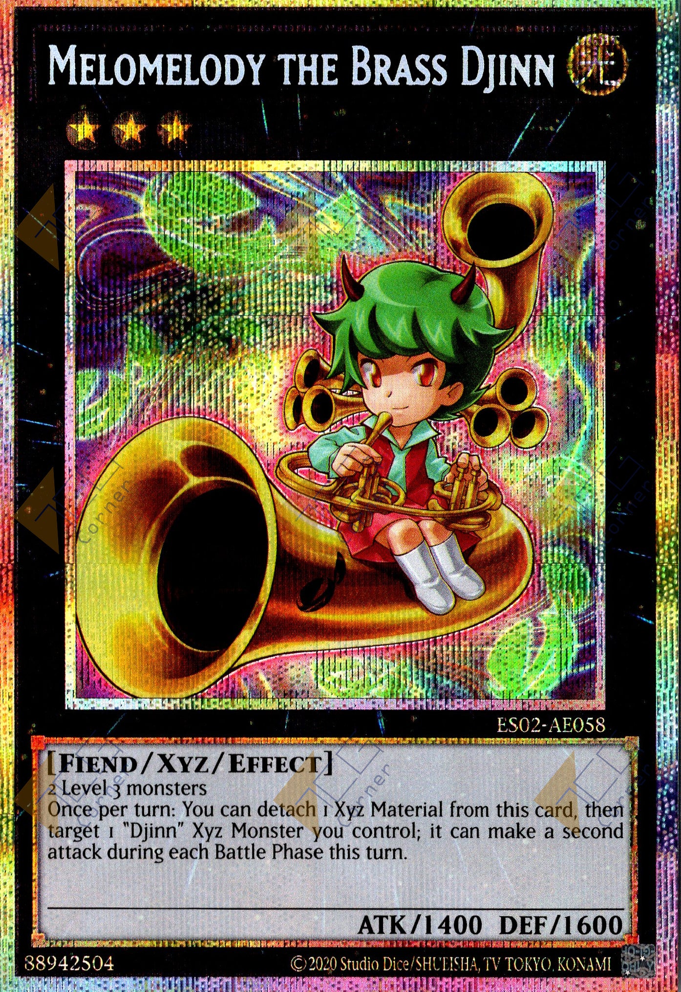 This is an image for the product Melomelody the Brass Djinn that has a rarity of Prismatic Secret Rare in the Essential Selection 02 with a card code of ES02-AE058 that is available on the TEKKX Product website.