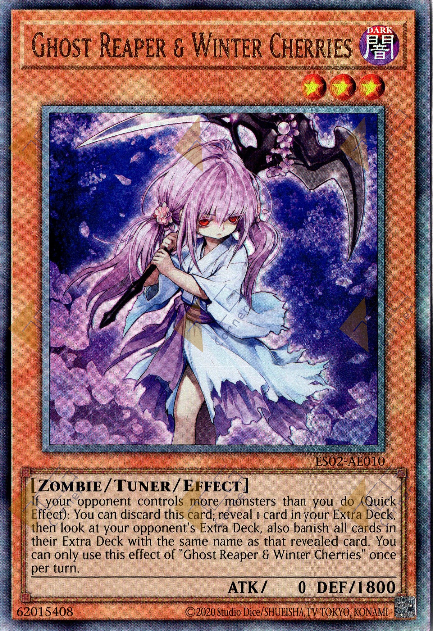 This is an image for the product Ghost Reaper & Winter Cherries that has a rarity of Ultimate Rare in the Essential Selection 02 with a card code of ES02-AE010 that is available on the TEKKX Product website.