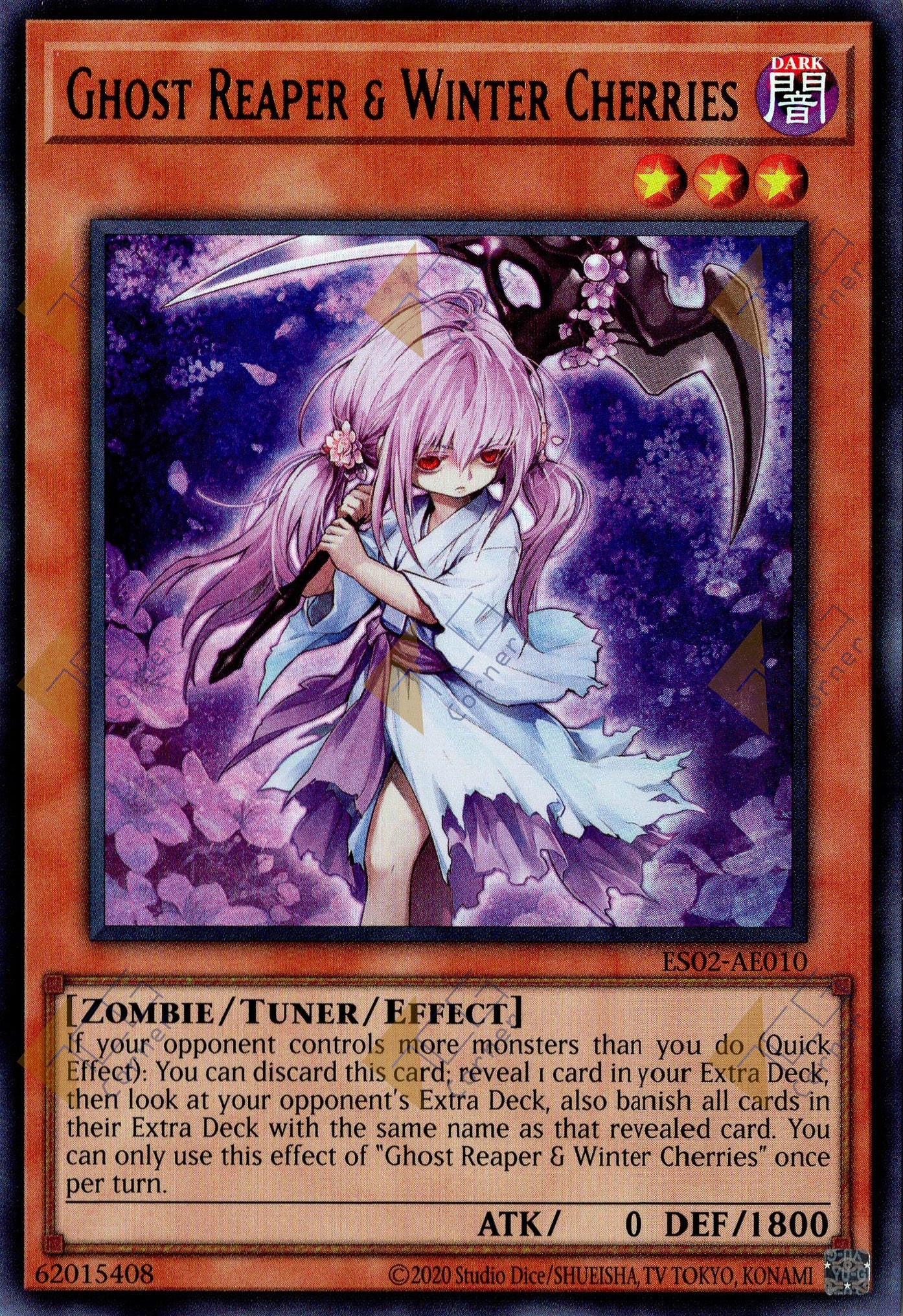 This is an image for the product Ghost Reaper & Winter Cherries that has a rarity of Ultra Rare in the Essential Selection 02 with a card code of ES02-AE010 that is available on the TEKKX Product website.
