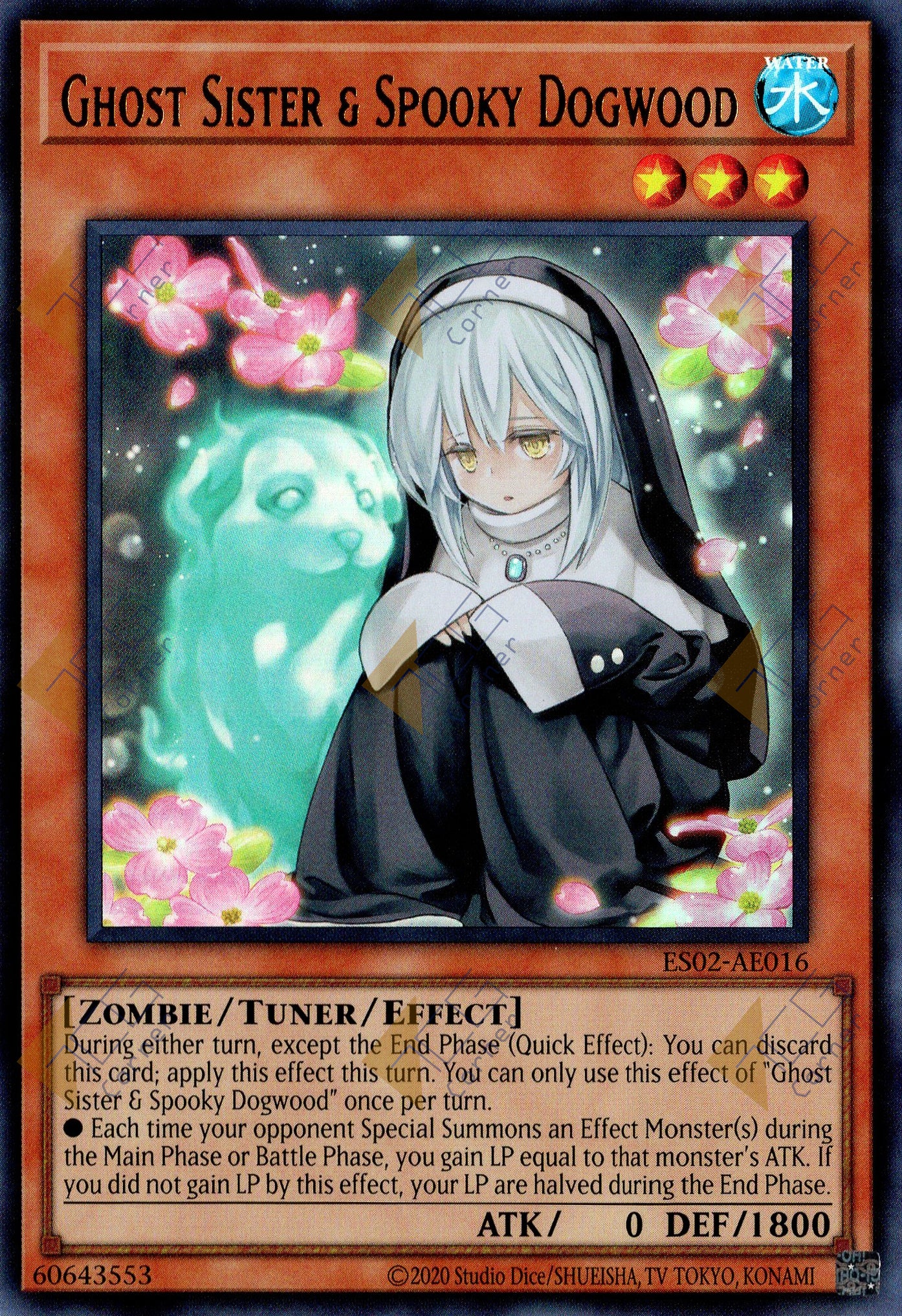 This is an image for the product Ghost Sister & Spooky Dogwood that has a rarity of Ultra Rare in the Essential Selection 02 with a card code of ES02-AE016 that is available on the TEKKX Product website.