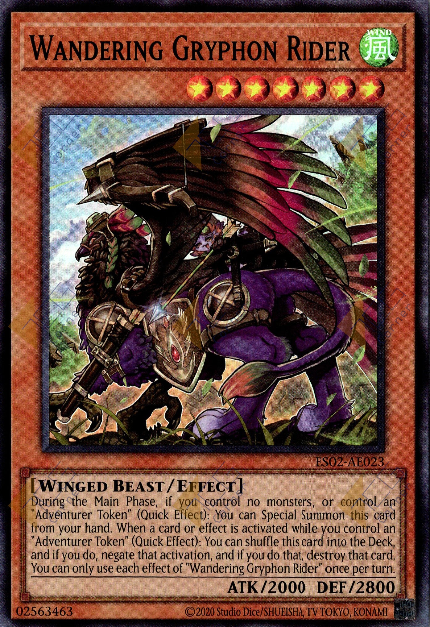 This is an image for the product Wandering Gryphon Rider that has a rarity of Super Rare in the Essential Selection 02 with a card code of ES02-AE023 that is available on the TEKKX Product website.