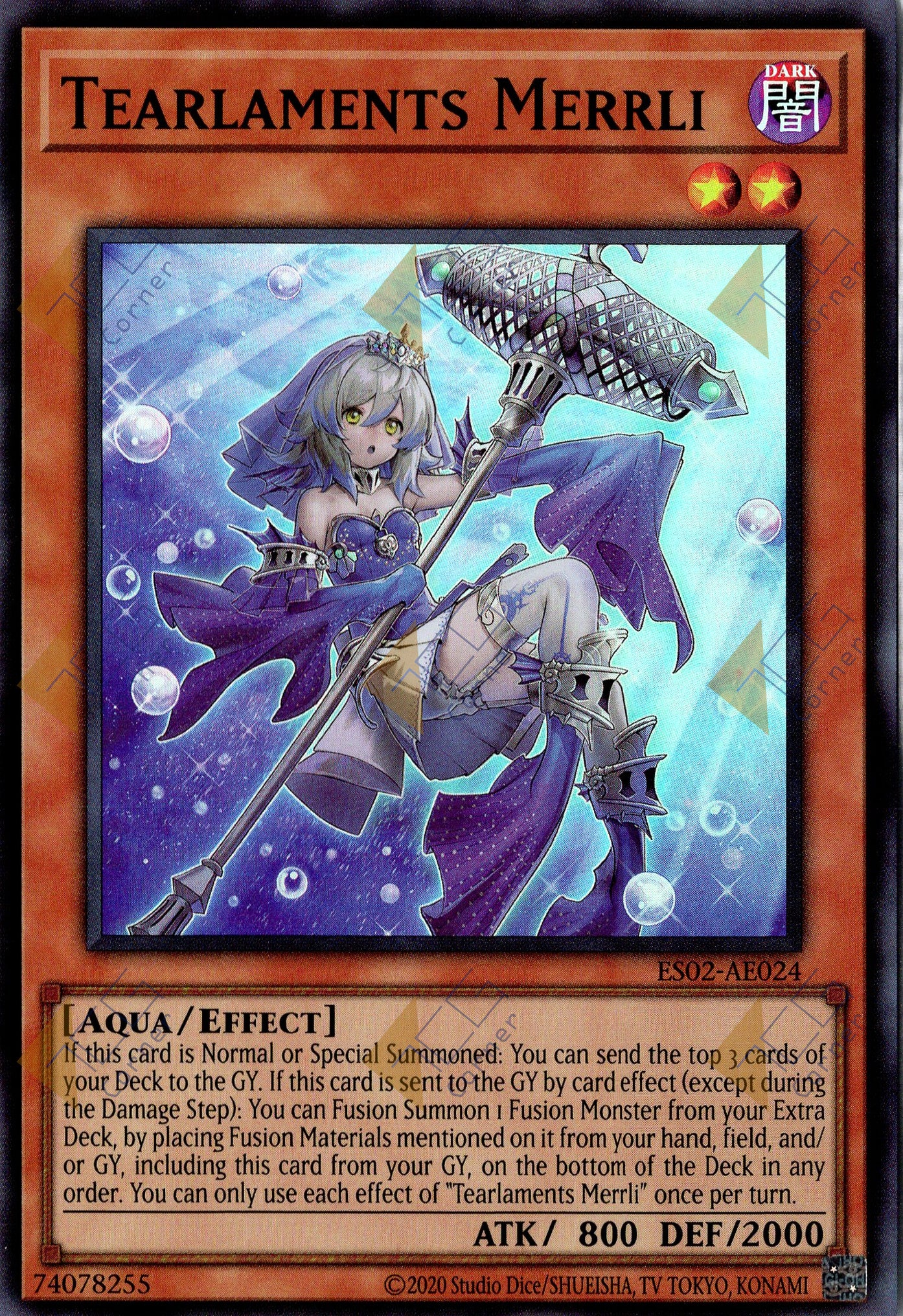 This is an image for the product Tearlaments Merrli that has a rarity of Super Rare in the Essential Selection 02 with a card code of ES02-AE024 that is available on the TEKKX Product website.