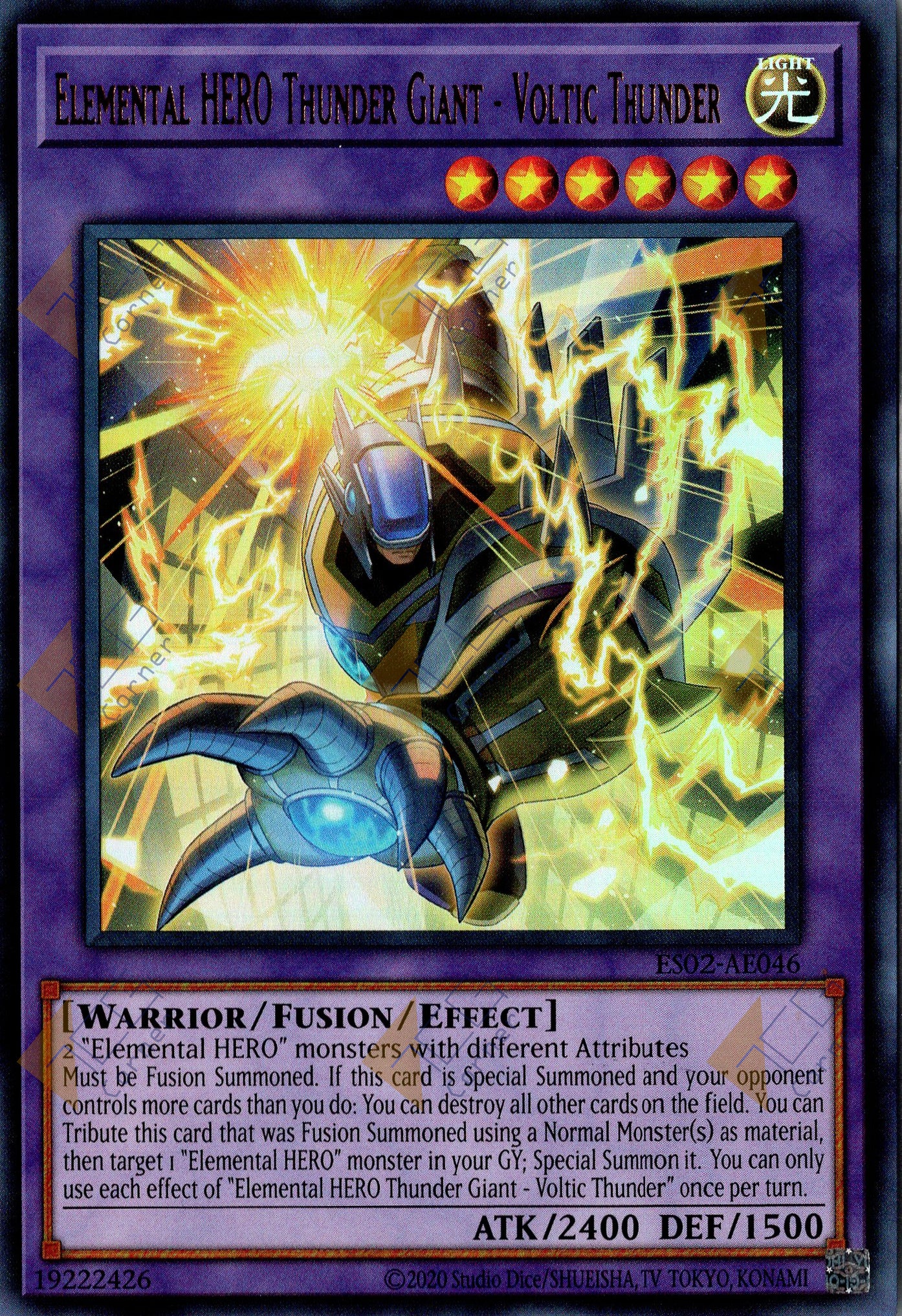 This is an image for the product Elemental HERO Thunder Giant - Voltic Thunder that has a rarity of Ultra Rare in the Essential Selection 02 with a card code of ES02-AE046 that is available on the TEKKX Product website.