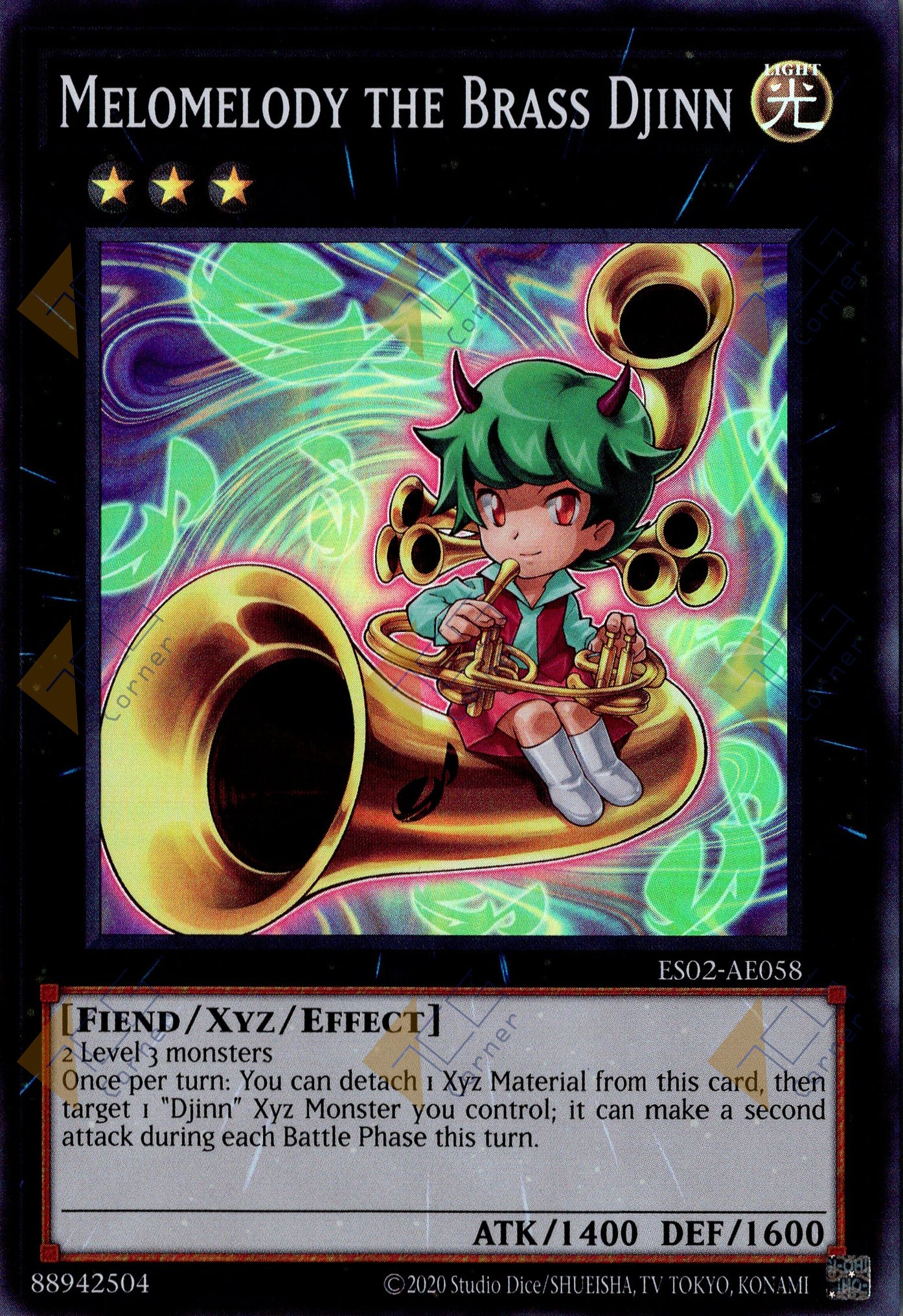 This is an image for the product Melomelody the Brass Djinn that has a rarity of Super Rare in the Essential Selection 02 with a card code of ES02-AE058 that is available on the TEKKX Product website.