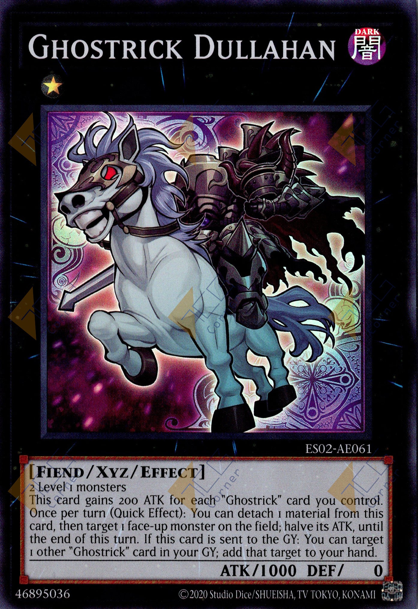 This is an image for the product Ghostrick Dullahan that has a rarity of Super Rare in the Essential Selection 02 with a card code of ES02-AE061 that is available on the TEKKX Product website.