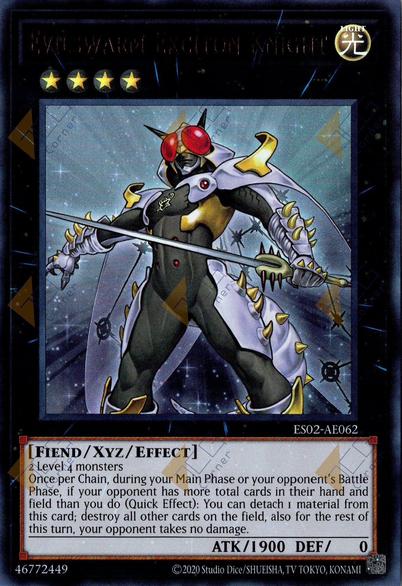 This is an image for the product Evilswarm Exciton Knight that has a rarity of Ultra Rare in the Essential Selection 02 with a card code of ES02-AE062 that is available on the TEKKX Product website.