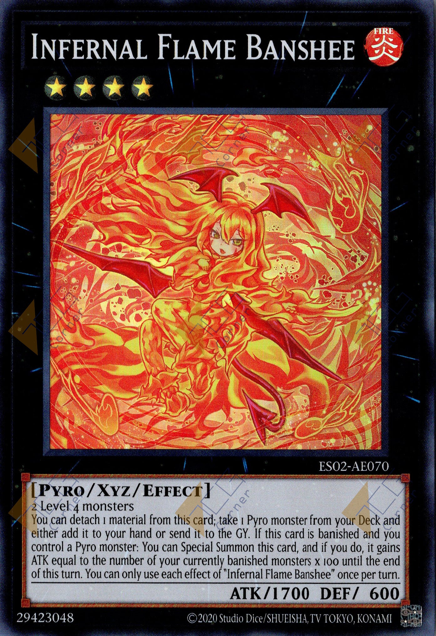 This is an image for the product Infernal Flame Banshee that has a rarity of Super Rare in the Essential Selection 02 with a card code of ES02-AE070 that is available on the TEKKX Product website.