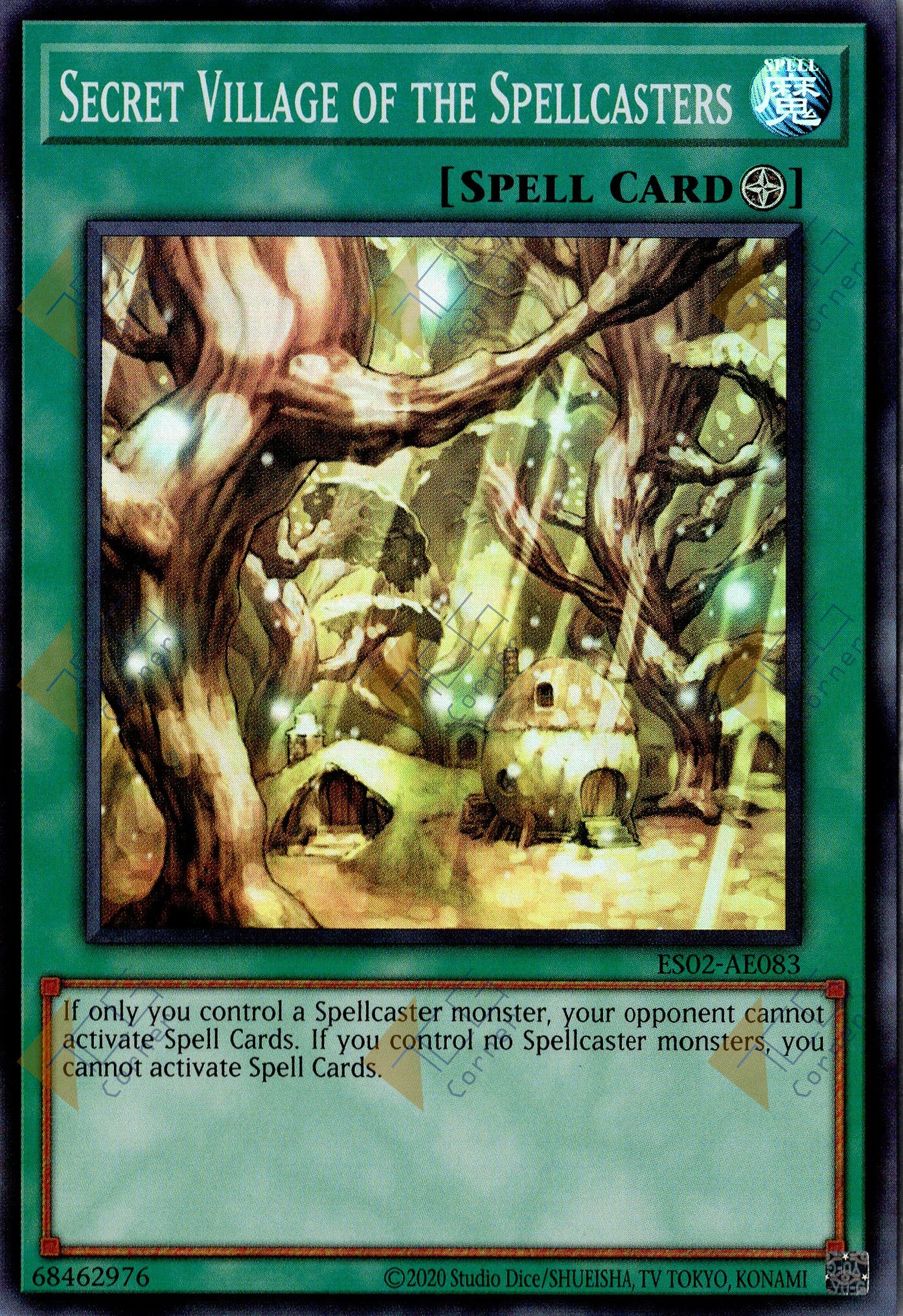 This is an image for the product Secret Village of the Spellcasters that has a rarity of Super Rare in the Essential Selection 02 with a card code of ES02-AE083 that is available on the TEKKX Product website.