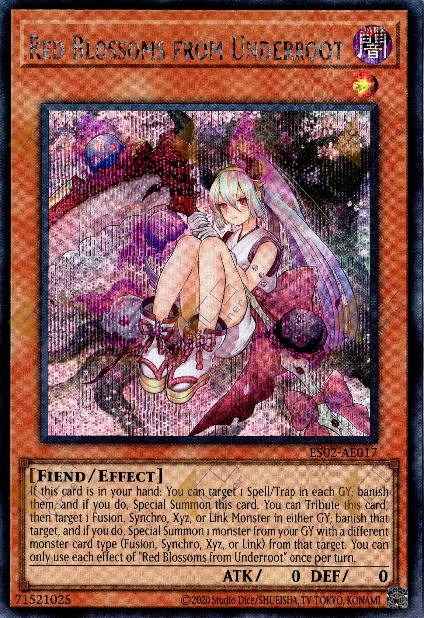 This is an image for the product Red Blossoms from Underroot that has a rarity of Secret Rare in the Essential Selection 02 with a card code of ES02-AE017 that is available on the TEKKX Product website.