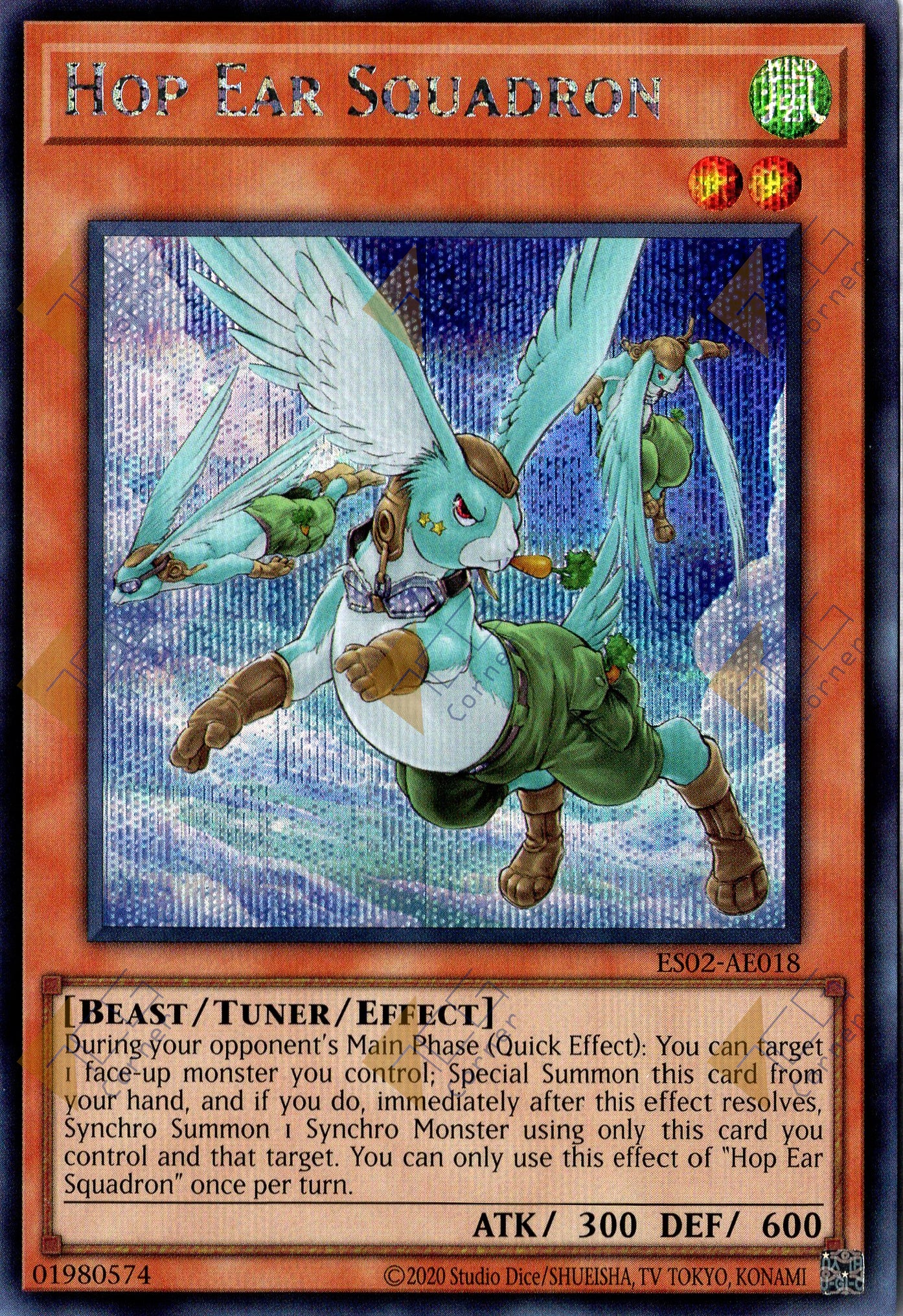 This is an image for the product Hop Ear Squadron that has a rarity of Secret Rare in the Essential Selection 02 with a card code of ES02-AE018 that is available on the TEKKX Product website.