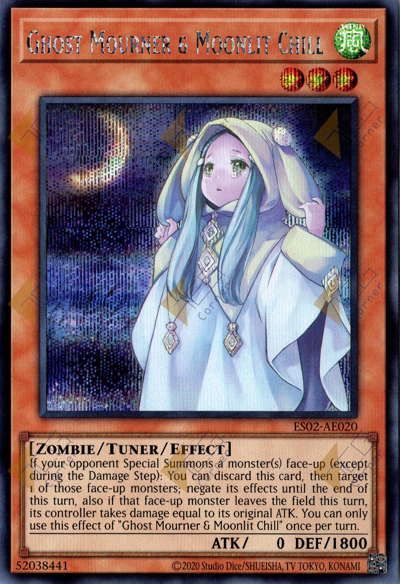 This is an image for the product Ghost Mourner & Moonlit Chill that has a rarity of Secret Rare in the Essential Selection 02 with a card code of ES02-AE020 that is available on the TEKKX Product website.