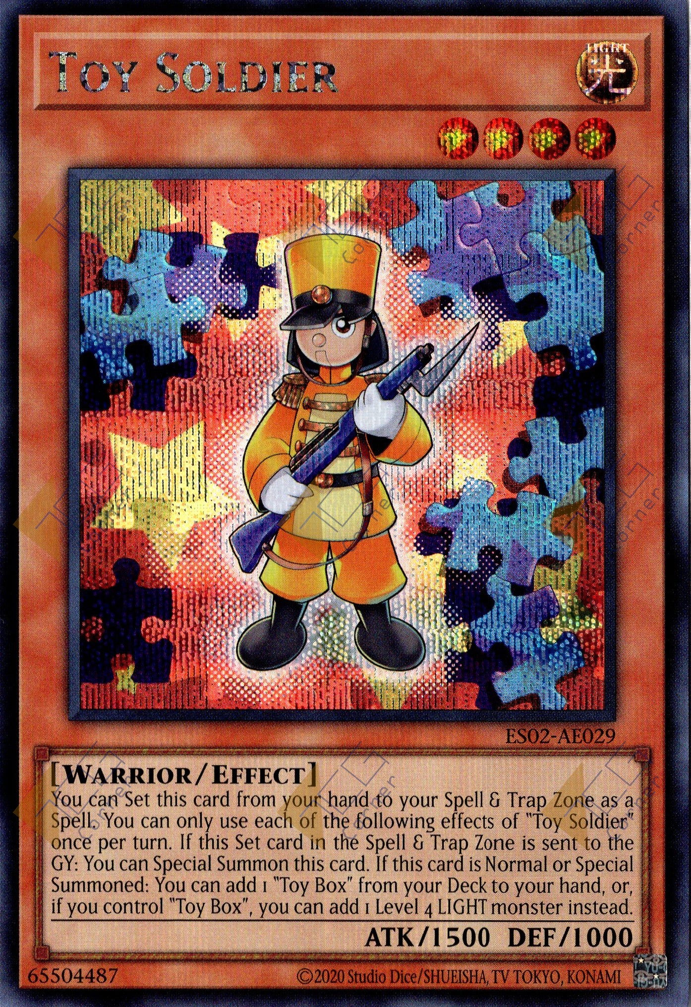 This is an image for the product Toy Soldier that has a rarity of Secret Rare in the Essential Selection 02 with a card code of ES02-AE029 that is available on the TEKKX Product website.