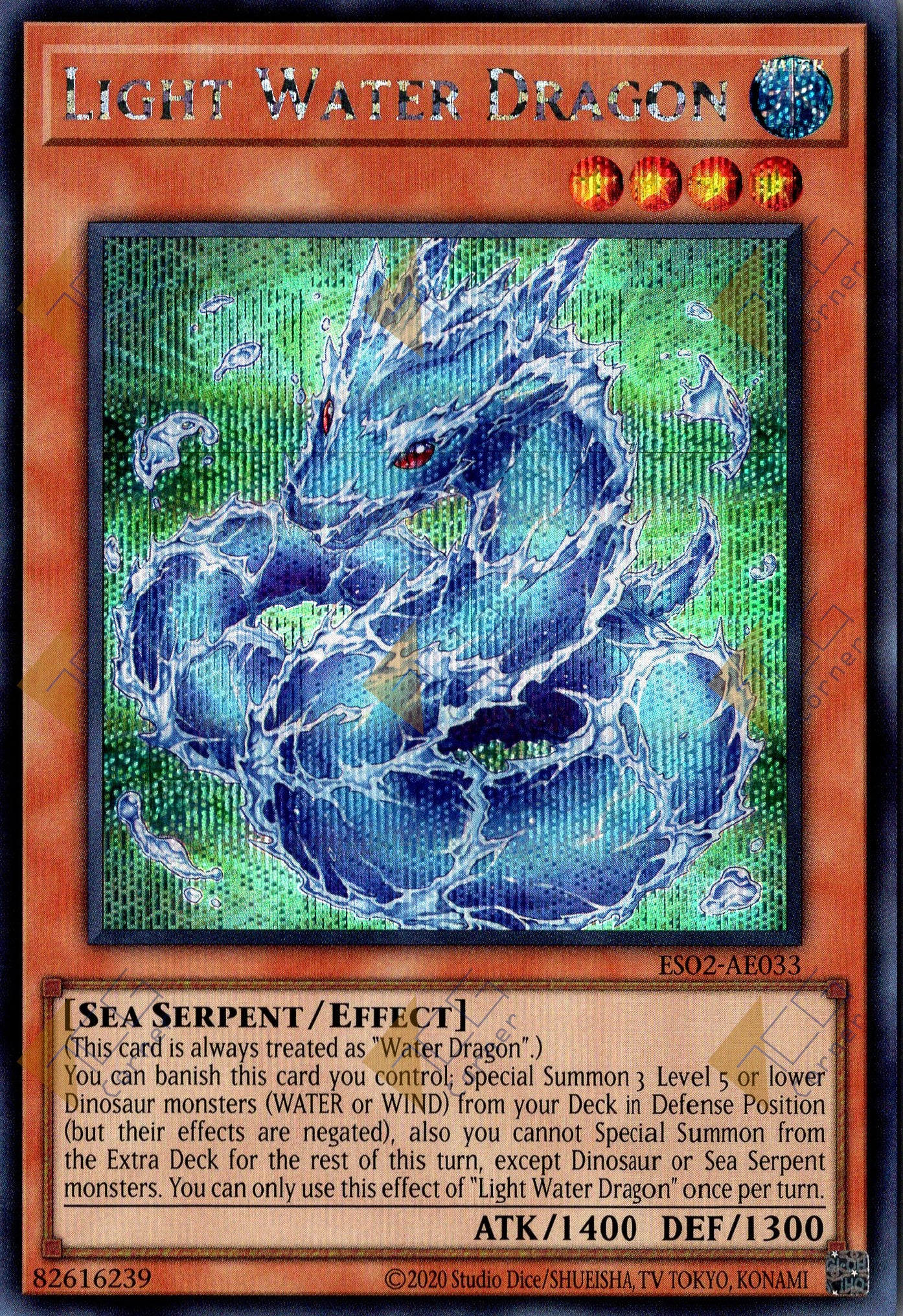 This is an image for the product Light Water Dragon that has a rarity of Secret Rare in the Essential Selection 02 with a card code of ES02-AE033 that is available on the TEKKX Product website.
