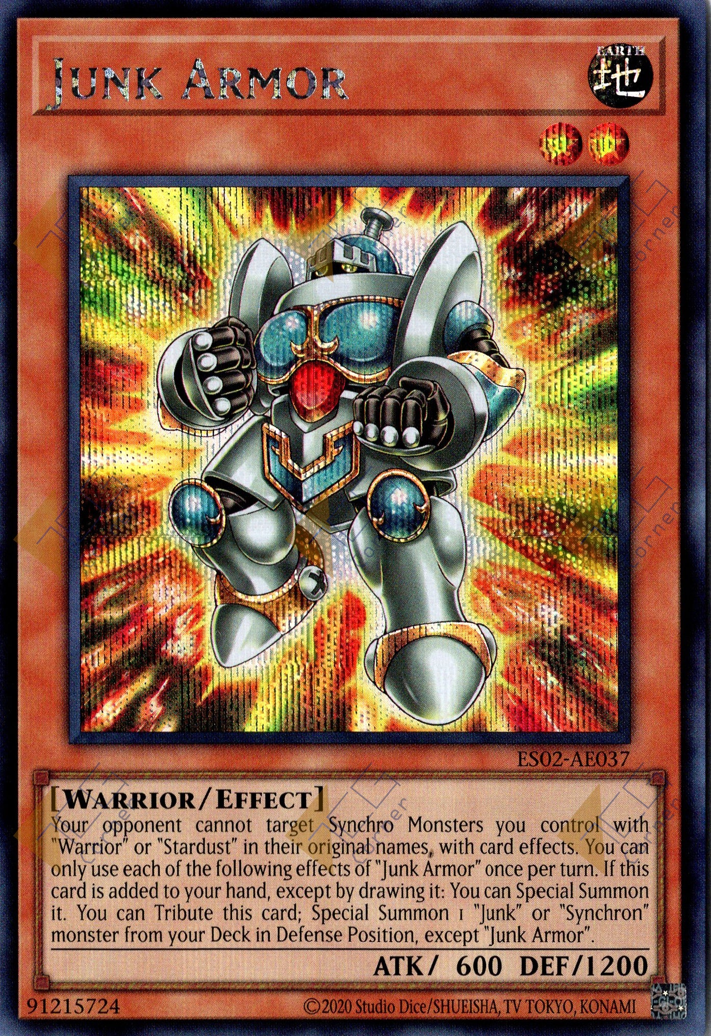 This is an image for the product Junk Armor that has a rarity of Secret Rare in the Essential Selection 02 with a card code of ES02-AE037 that is available on the TEKKX Product website.