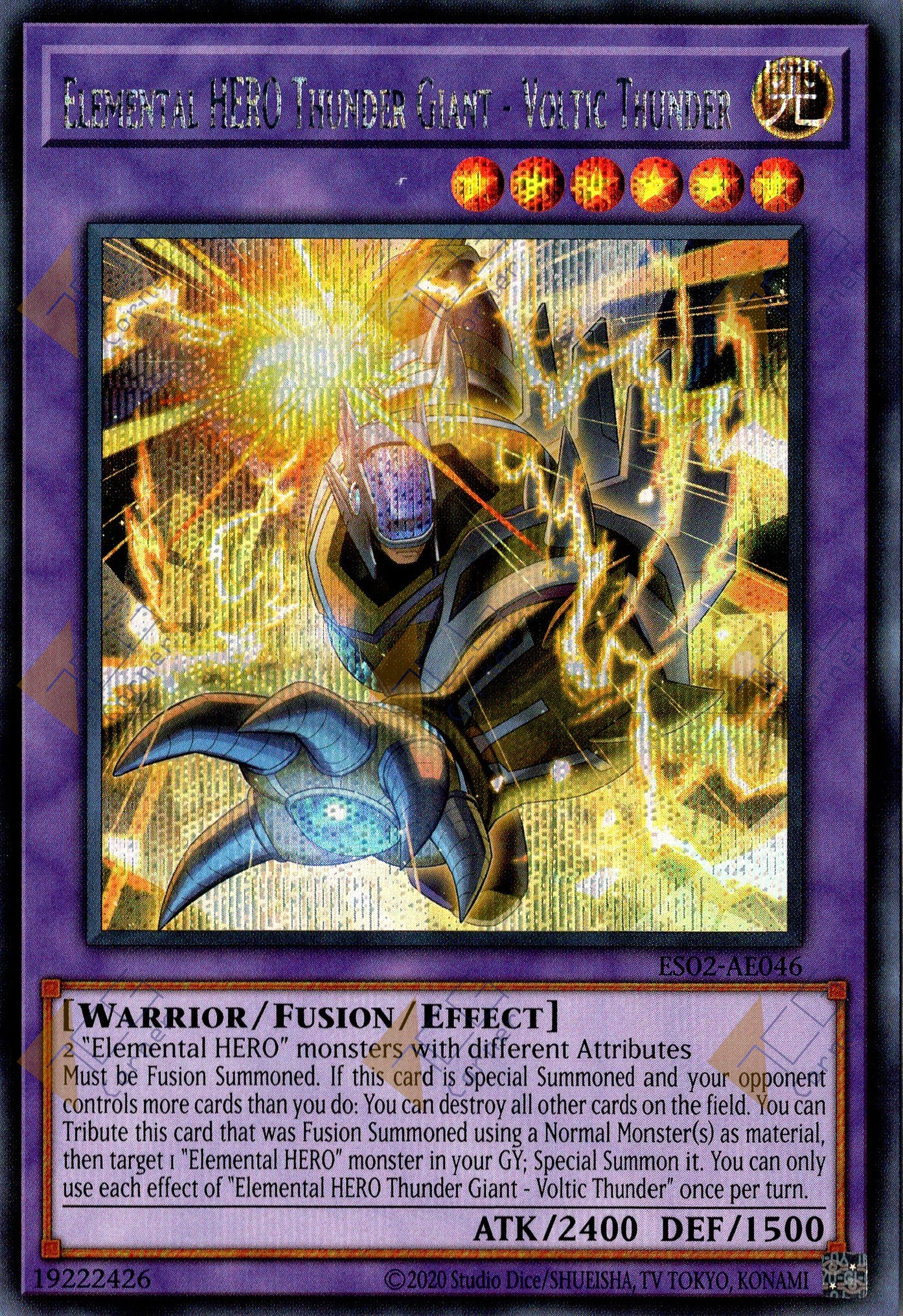 This is an image for the product Elemental HERO Thunder Giant - Voltic Thunder that has a rarity of Secret Rare in the Essential Selection 02 with a card code of ES02-AE046 that is available on the TEKKX Product website.