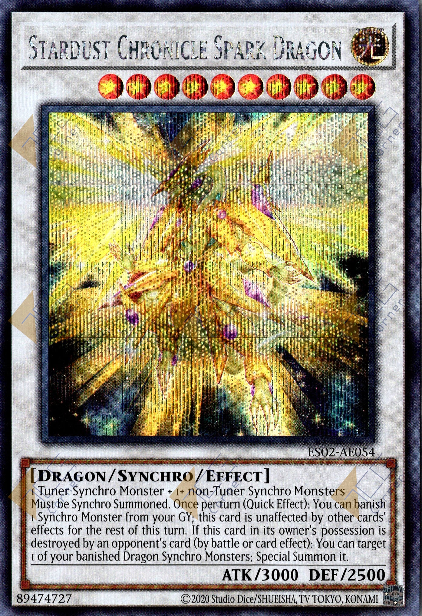 This is an image for the product Stardust Chronicle Spark Dragon that has a rarity of Secret Rare in the Essential Selection 02 with a card code of ES02-AE054 that is available on the TEKKX Product website.