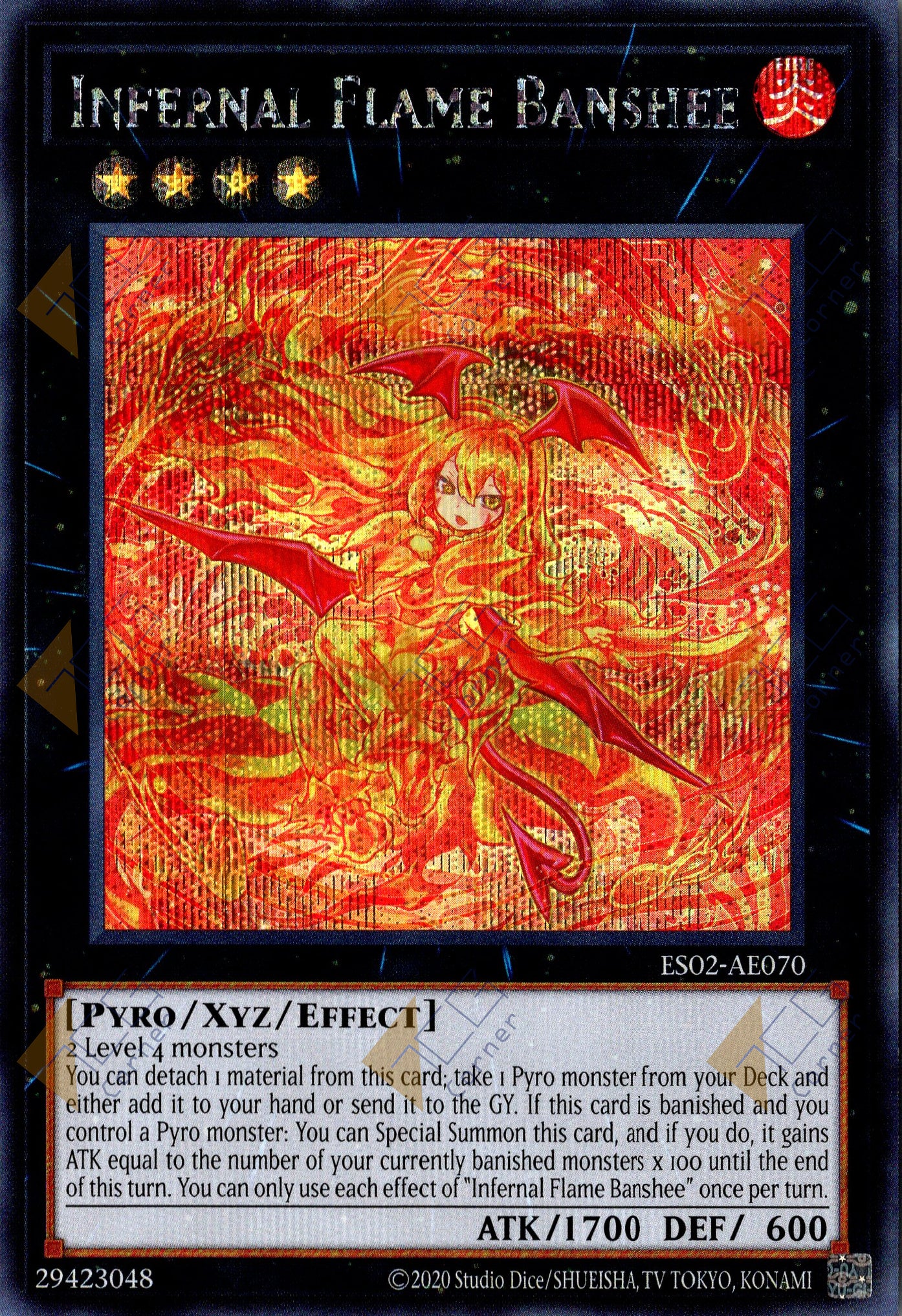 This is an image for the product Infernal Flame Banshee that has a rarity of Secret Rare in the Essential Selection 02 with a card code of ES02-AE070 that is available on the TEKKX Product website.